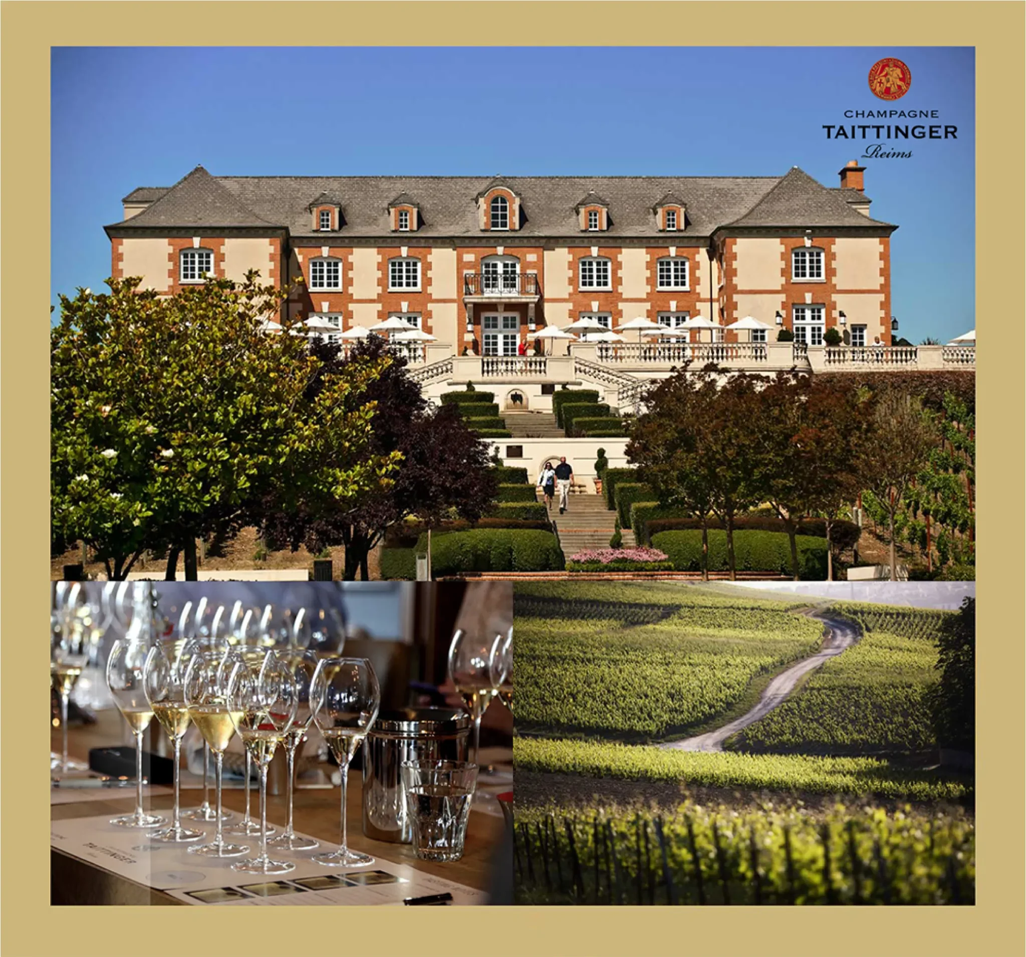 Das Château von Champagne Taittinger mit prachtvollem Garten und einer atemberaubenden Aussicht auf die Weinberge, begleitet von einer Verkostung von Champagner in eleganten Gläsern.